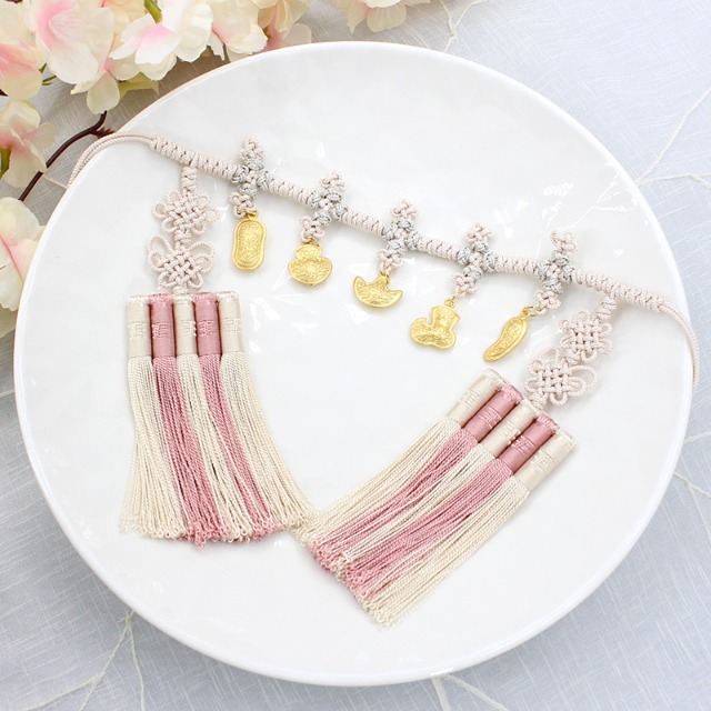 Hanbok accessory 5 tassel gold knot stone band (blue, rose pink, light pink)